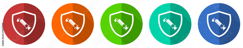 Poster vaccine shield concept icon set, red, blue, green and orange flat design web buttons isolated on whi