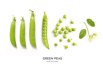 Creative layout made of green peas the white background. Flat lay. Macro  concept.