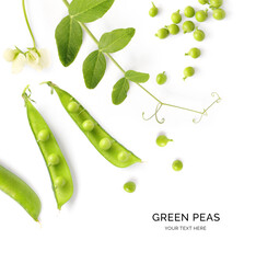 Creative layout made of green peas the white background. Flat lay. Macro  concept.