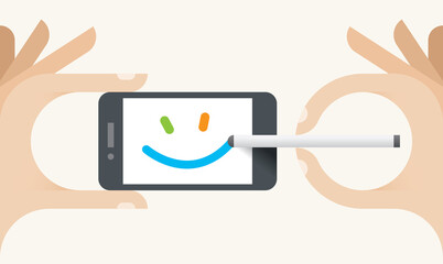 Smile symbol on mobile phone painting by child with touch screen and stylus. Idea - New technologies for art, creativity and happiness.