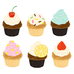 クリームやフルーツをのせたかわいいカップケーキのセット