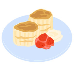 いちごジャムとクロテッドクリームを添えたスコーン二つ