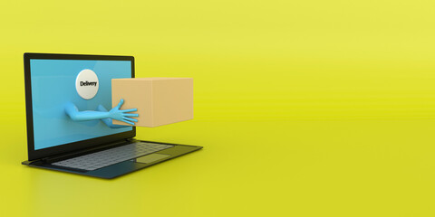 Online delivery of the product presented in the form of a laptop with outstretched hands, and in the hands of a box. Concept of online delivery service. 3D Render