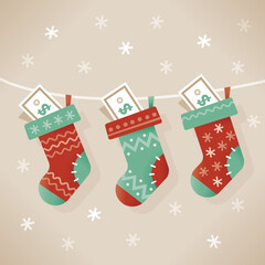 Christmas socks stuffed with money (dollars banknotes). Idea - New year, Christmas and new successful profitable business year, Good wishes, Luck, Win, Big profit, Future investments results etc.