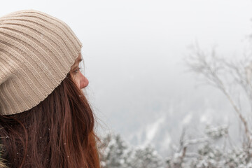 background, beautiful, brown, brown hair, christmas, close-up, cold, color, concept, copyspace, december, ecology, environment, europe, eyes, fashion, female, fluffy hair, forest, freshness, girl, hap