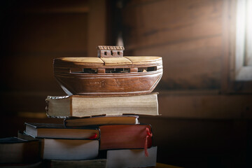 Noah's Ark adventure on the Bible and History books, Wood carving doll, christian concept.