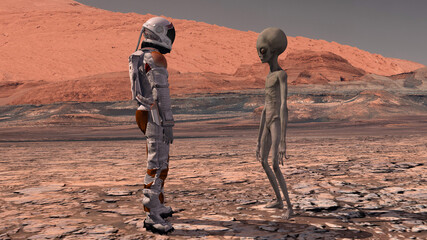 Astronaut meets a Martian on Mars. First contact. Alien on Mars. Exploring mission to mars. Colonization and space exploration concept. 3d rendering. Elements of this video furnished by NASA. © merlin74