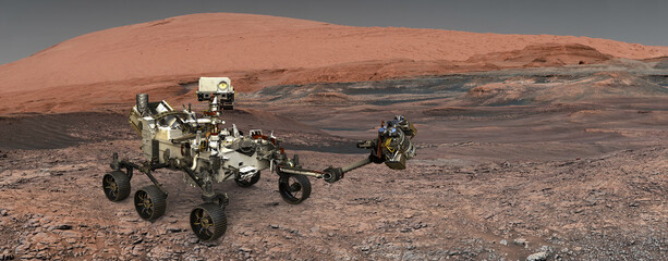Mars. The Perseverance rover deploys its equipment against the backdrop of a true Martian...