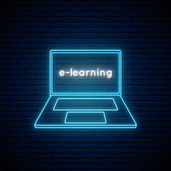 E-learning neon sign. Online education outline emblem. Neon signboard with bright blue laptop icon. Stock vector illustration.