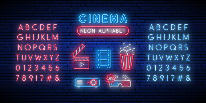 Cinema and alphabet neon sign set. Glowing neon popcorn box, clapperboard, 3d glasses, projector, film reel, letters, numbers. Bright light signboard. Vector clip art in neon style for online movie.