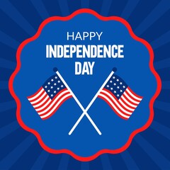 happy independence day of united state of america with two cross flags, stars and ribbons badge vector illustration in flat style,