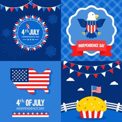 happy 4th of july related eagle badge, decoration banner, ribbons, united state map,flag, clouds, and fireworks vectors illustration in flat style,