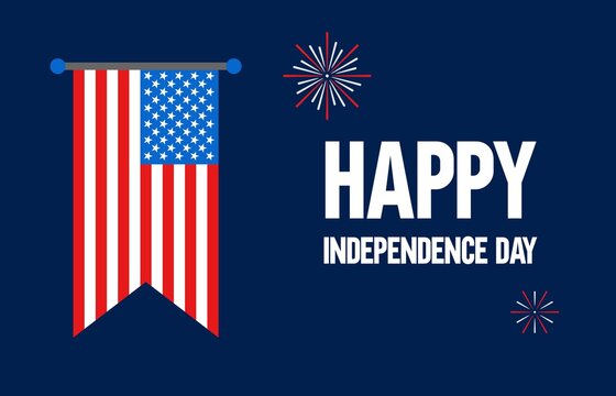 4th of july related to independence day with hanging ribbon flag, and fire works with dark background vector illustration in flat style,
