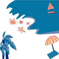 Sea view, beautiful  beach with coconut treat, colorful umbrella and starfish and shell ,vector flat design in top view concept for website or Tourism in summer time 