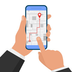 Mobile GPS Navigation. Hand holding smartphone with map application. Vector illustration isolated on white background