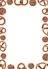 Vertical rectangular frame with baking: pretzel, cookies. Watercolor illustration.