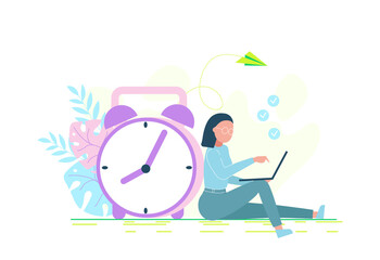 Time management. Illustration of a woman working on a laptop near the big clock. Image of a girl sitting with a laptop near the big clock