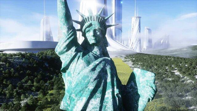 futuristic city and statue of liberty. Future concept. Aerial view. Realistic 4k animation.