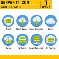 Server IT and technology icon set. Vector icon with flat style on isolated white background. Server IT icon set contains such icons as cloud, hybrid, server, hardware, on premise and other