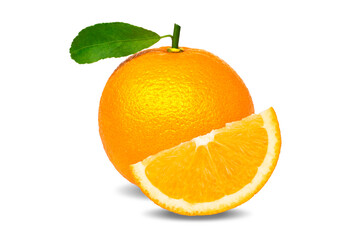 Closeup whole ripe fresh orange fruit with green leaf and slice isolated on white background .