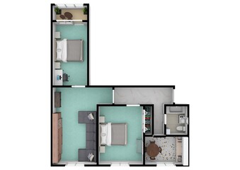 House with interior, floor plan, blueprints and colored walls on a white background . 3d illustration.