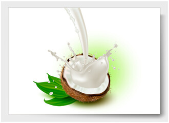 3 d. Ripe coconut with white flesh and palm leaves on a white background. Splash of coconut milk. Isolated Coconut Half.