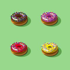 Set of four colorful donuts isolated on green background. Vector illustration