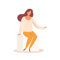 Cute young girl at the top wearing casual clothes. Image of a woman in clothes on a white background. Vector illustration in a minimalistic flat cartoon style.
