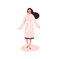 Cute young girl at the top wearing casual clothes. Image of a woman in clothes on a white background. Vector illustration in a minimalistic flat cartoon style.