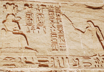 Ancient statues and hieroglyphics at Abu Simbel temple. Egypt
