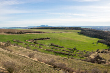 View of a spring green field and the surrounding landscape in the Czech Republic