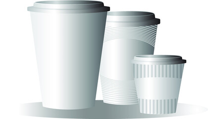 disposable coffee cup and glass on white background