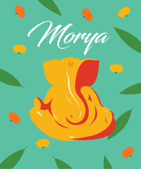 Happy Ganesh Chaturthi, Illustration of Lord Ganesha, Ganesh Chaturthi, Leaf decoration Ganesha Poster, Ganpati Festival, Ganpati Bappa Morya