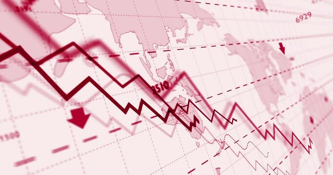 Global crisis red chart. Graph down on world map background 3d loopable seamless animation. Business stagnation, bear market, stock exchange crash, financial, economy decline diagram abstract concept.
