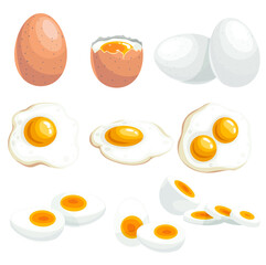 Cartoon eggs set. Whole, fresh, boiled, fried, double eyed eggs. Single and group. Sliced and whole. Vector illustrations isolated on white background.