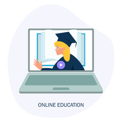 
online education or distance exam concept, screen with teacher, studying on laptop. Vector illustration in flat style

