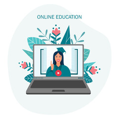
online education or distance exam concept, screen with teacher, studying on laptop. Vector illustration in flat style

