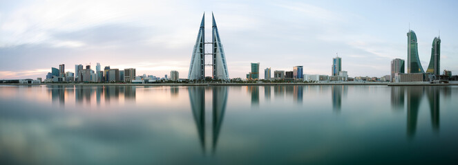 A panoramic view of  Bahrain skyline with beautiful hue in the sky, a view from Bahrain bay