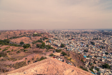 A landscape view showing Jodhpur blue city and Mehrangarh Fort area.