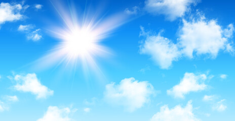 Naklejka na ściany i meble Sunny background, blue sky with white cumulus clouds and glaring sun, natural summer background