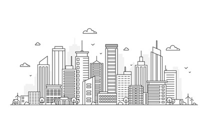 Fototapeta premium Vector illustration of outline city landscape. Urban life with skyline city office buildings, skyscraper, trees, factory, windmill. Сity panorama on white background. Downtown landscape.