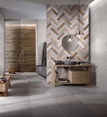 Modern bathroom with grey and beige tiles, seamless design, luxurious interior background.
