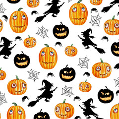 Watercolor halloween seamless pattern on a white background. Handmade watercolor with silhouettes of witches, funny pumpkins, spiders and cobwebs.