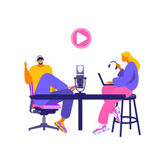 Mass media broadcasting flat vector illustration. Male and female social media network.  Interview, radio, online training, podcast, recording in studio.