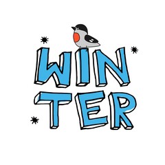 Winter. The inscription with a bullfinch and snowflakes.
