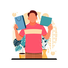 portrait of a man posing promoting his product, a flat design concept, vector illustration