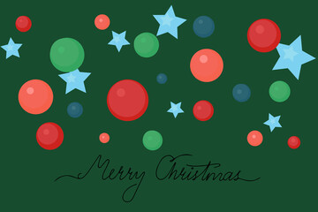 Hand written Merry Christmas with colorful bubbles and stars. Green background.