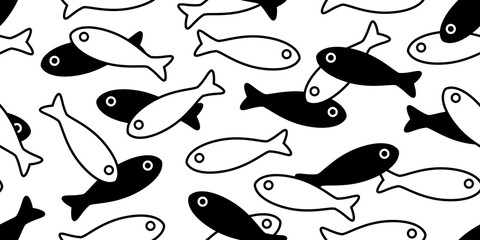 fish Seamless pattern salmon vector tuna shark scarf isolated dolphin whale ocean sea repeat wallpaper tile background cartoon illustration doodle animal white black design