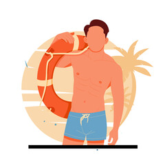 portrait of man posing with life buoy, flat design concept, vector illustration