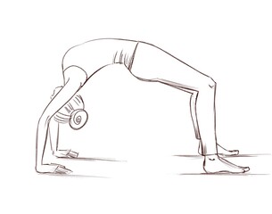 Fototapeta na wymiar Yoga. The girl stands in the bridge pose. Contour drawing of a girl who goes in for sports.